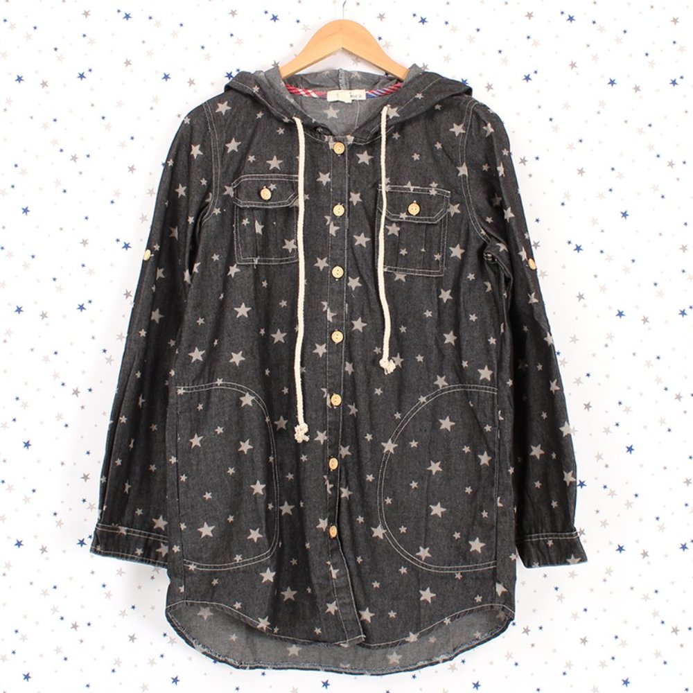 Star Print Hooded Button Up Denim Jacket Black
